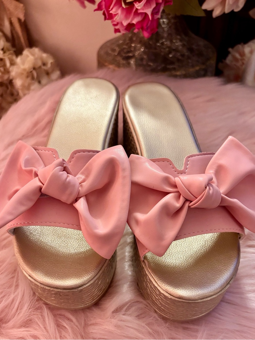 SHEIN Pink Bow Metallic Platform Slide Sandals